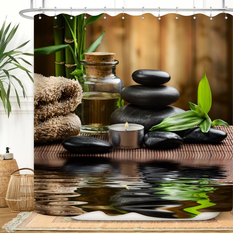 ZXMBF Zen Spa Shower Curtain Basalt Stones Herbal Oil Scent Candles Bamboo and Water Reflection Relaxing Meditation Home DÃ©cor Waterproof Fabric 72x72 Inch Plastic Hooks 12PCS - Image 1